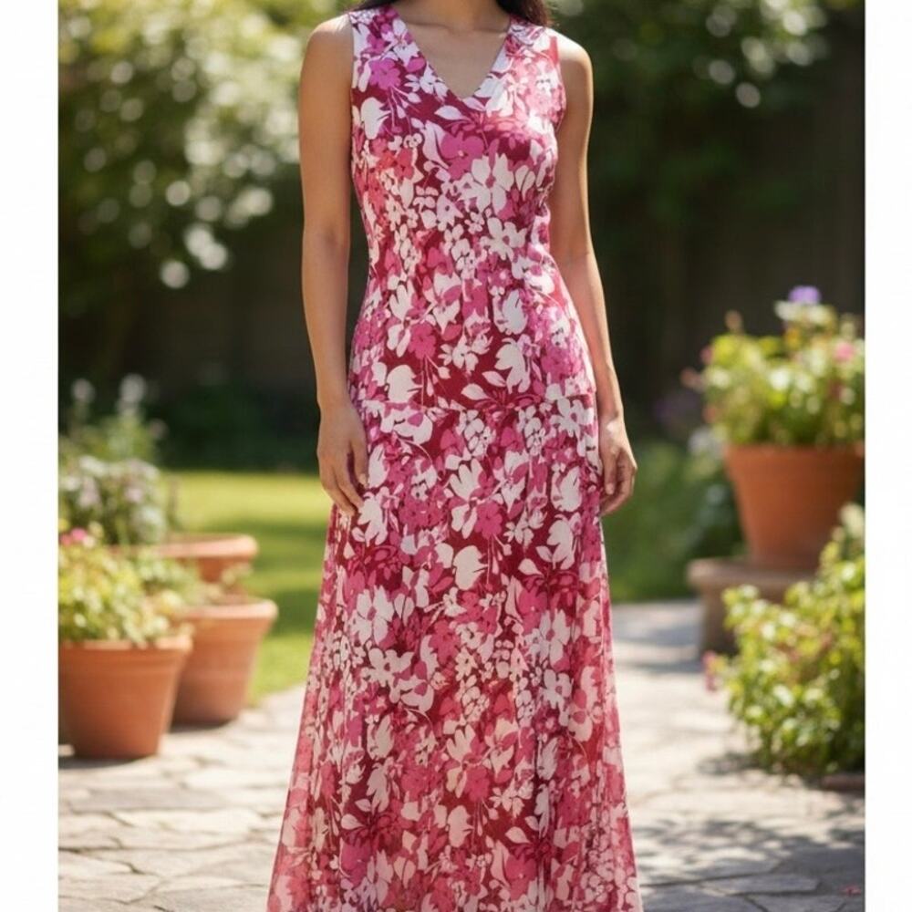 Ann Taylor Floral 100% Silk Two Piece Blouse Skirt Set Women's 6 Red